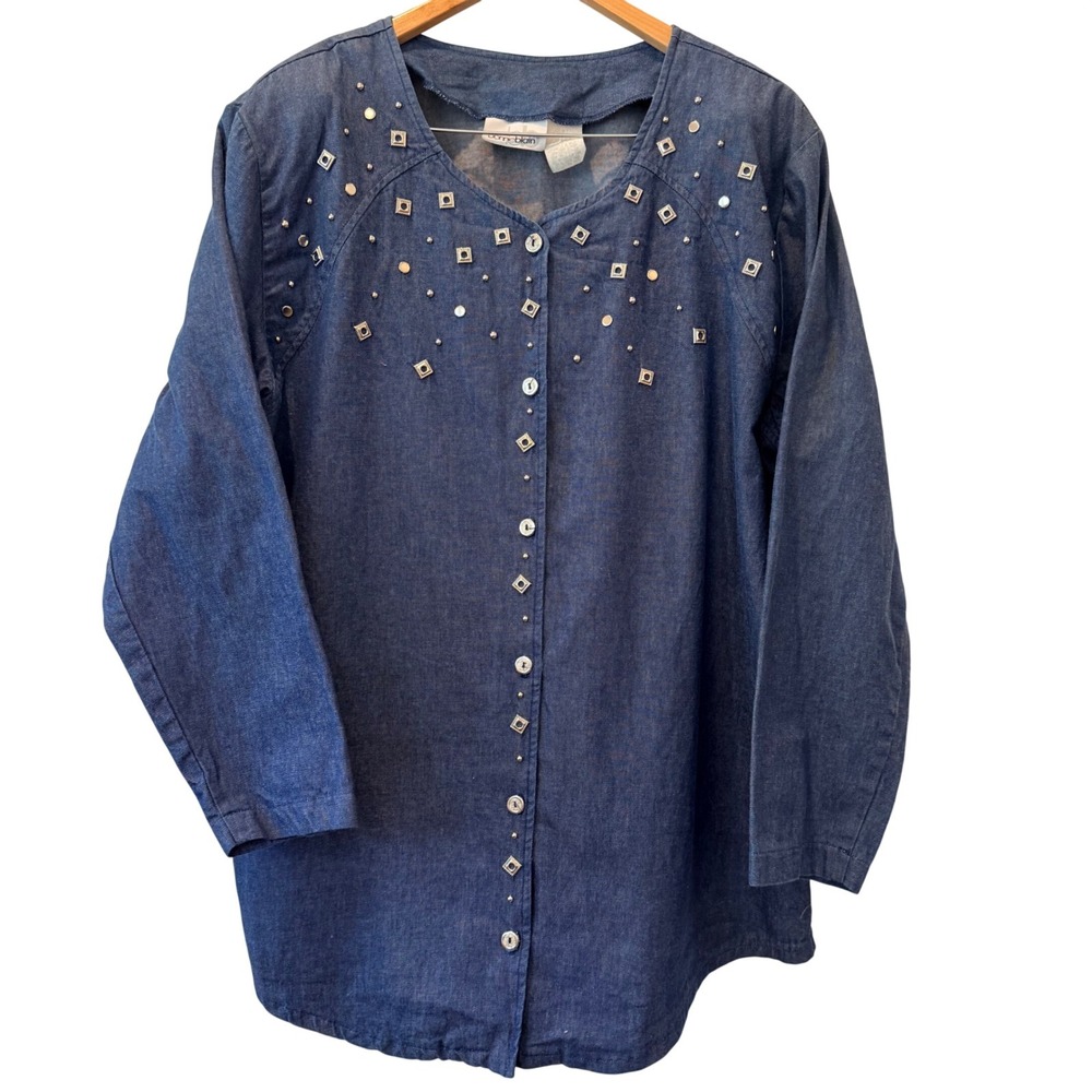 True 80s VTG Bonnie Blain Blue Denim Studded Button Front Tunic Top Plus Size 20